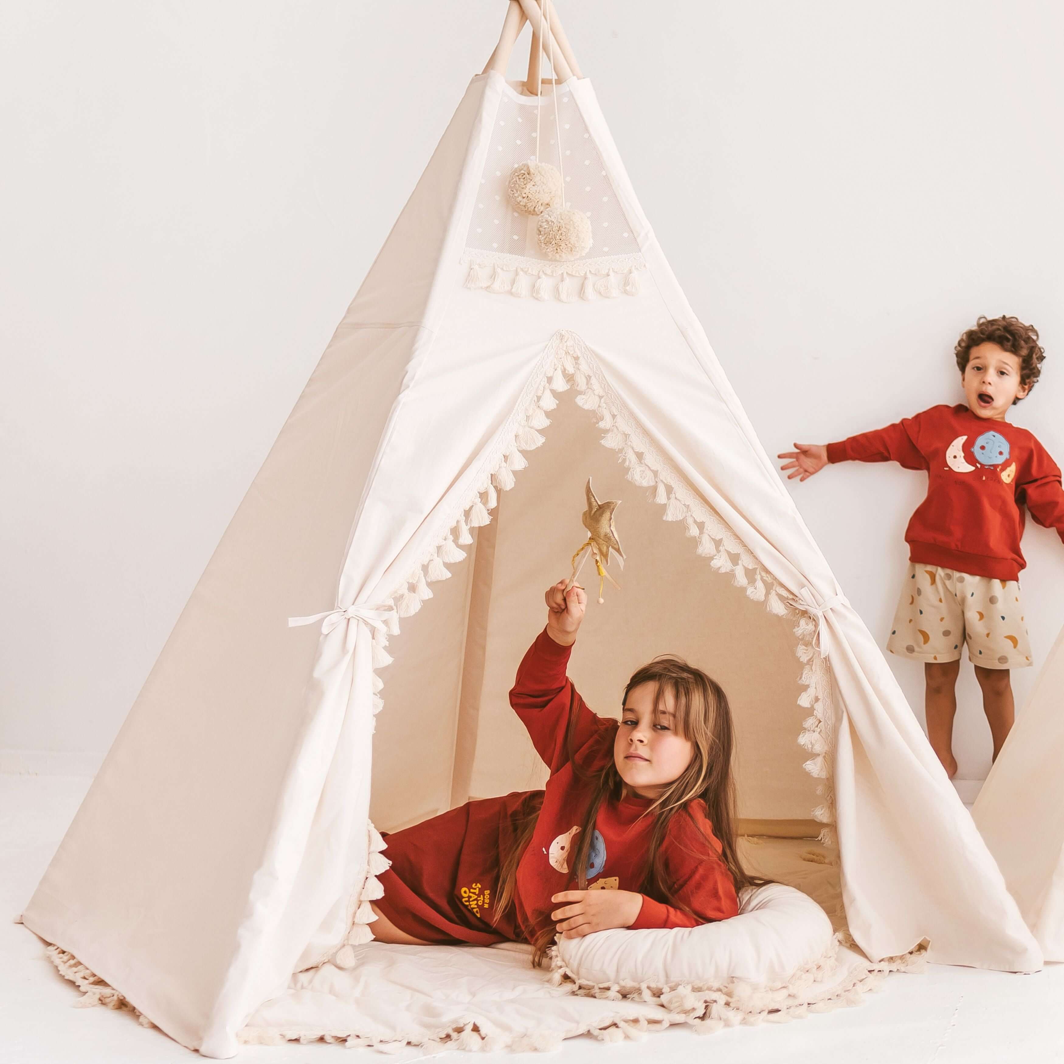 MINICAMP Extra Large Indoor Teepee Tent with Tassels Decor in Boho Sty Wondershire